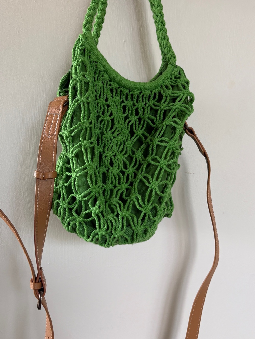 Green Macramé Tote Bag with Brown Strap